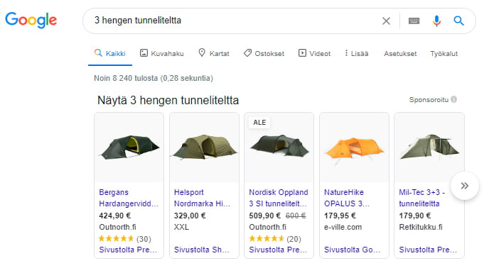 Shoppingin tulokset laajemmalla, ostoputken alkupäässä olevalla haulla.