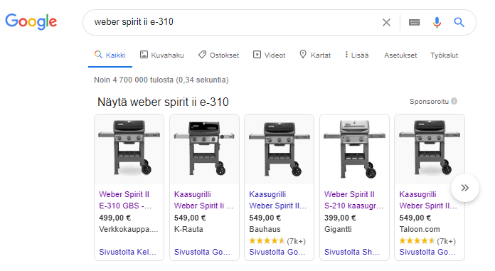 Google Shopping hakutulokset ostoputken loppupäässä